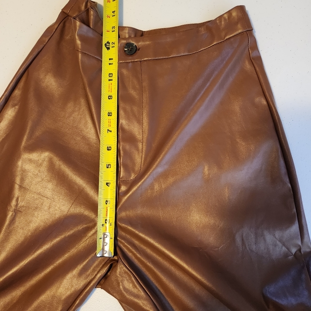 Shein Brown Straight Leg High Waisted Rise Pants Faux Leather Vegan Minimalist - Picture 9 of 12